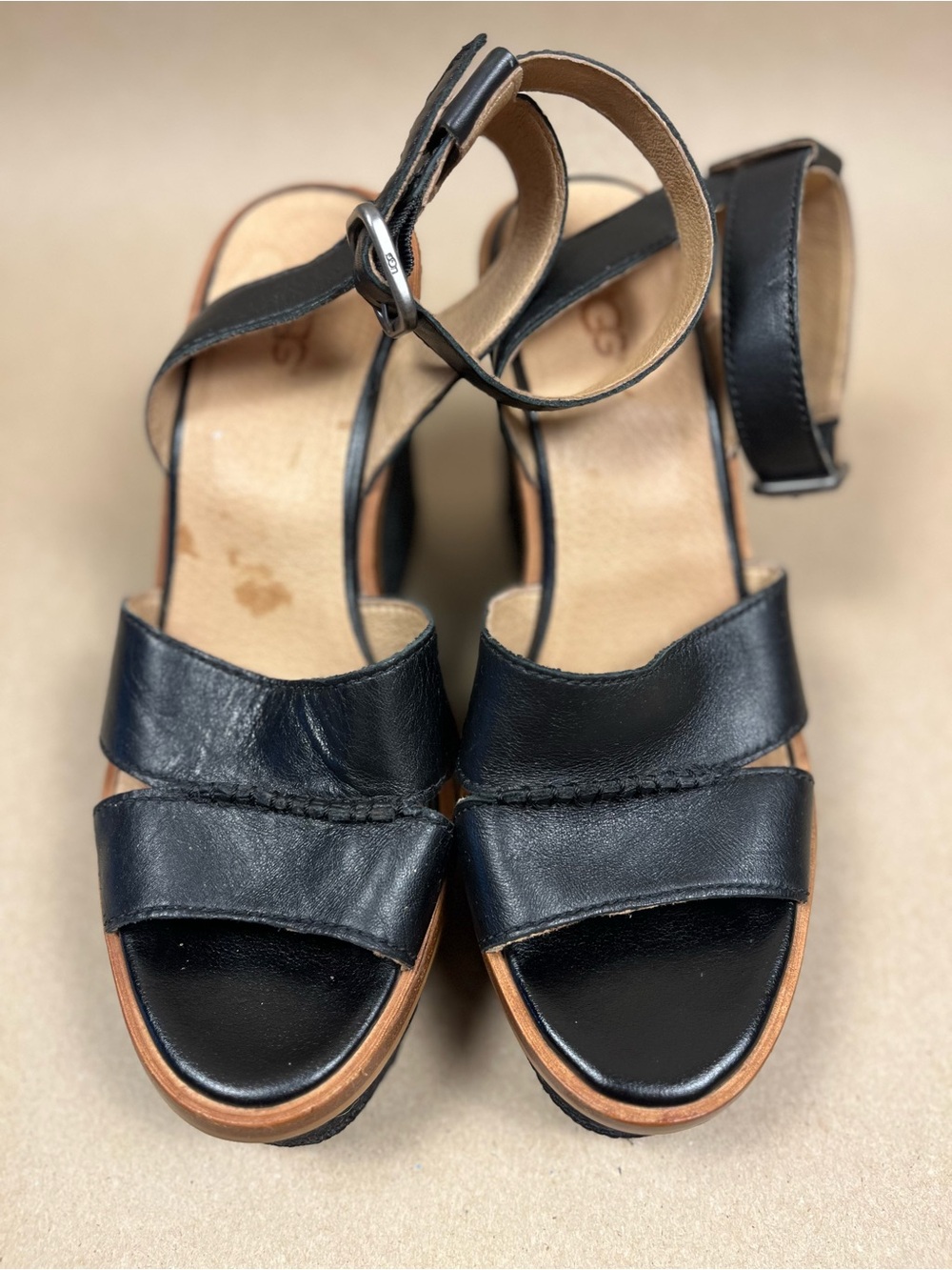 UGG Black Leather Platform Sandal Ankle Strap Rope Heel Size 8.5 Y2K Resort Wear - Picture 3 of 5